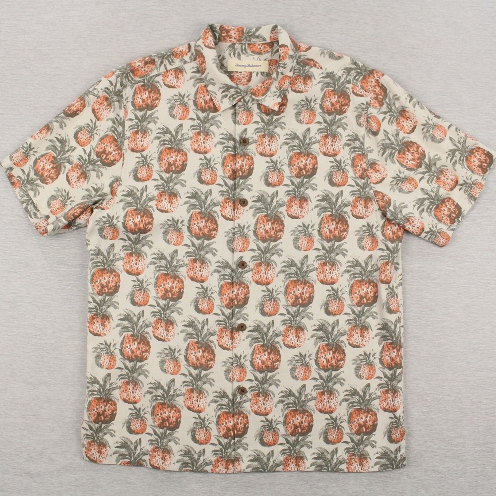 Tommy Bahama Silk Shirt Mens Size M Light Gray Short Sleeve Button Up Pineapples - Picture 1 of 8